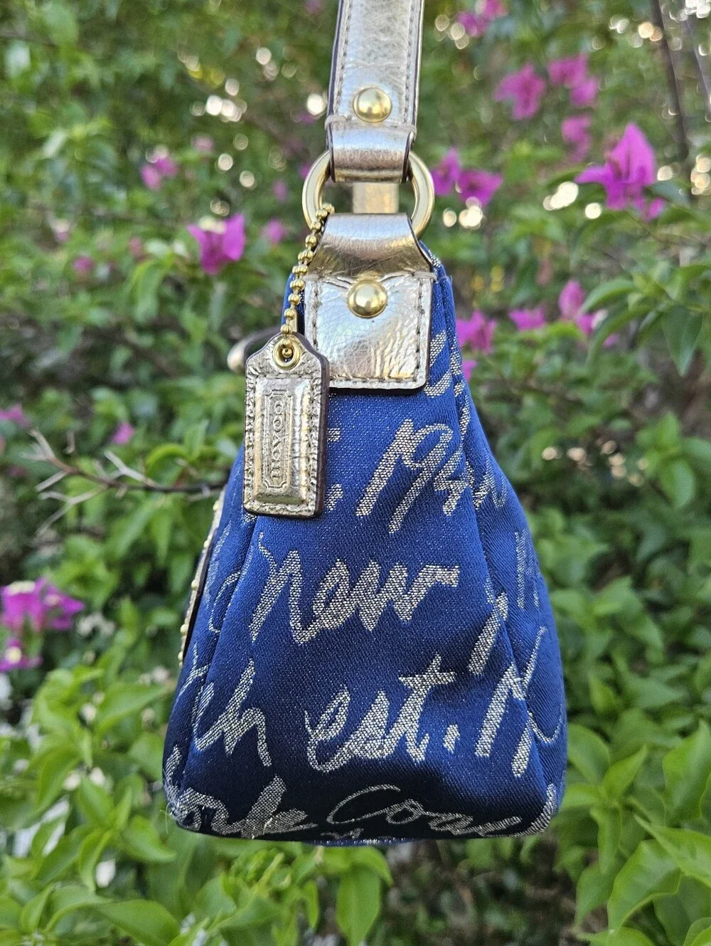 Coach Blue Graffiti Heart Demi Hobo Canvas Gold Leather Shoulder Bag